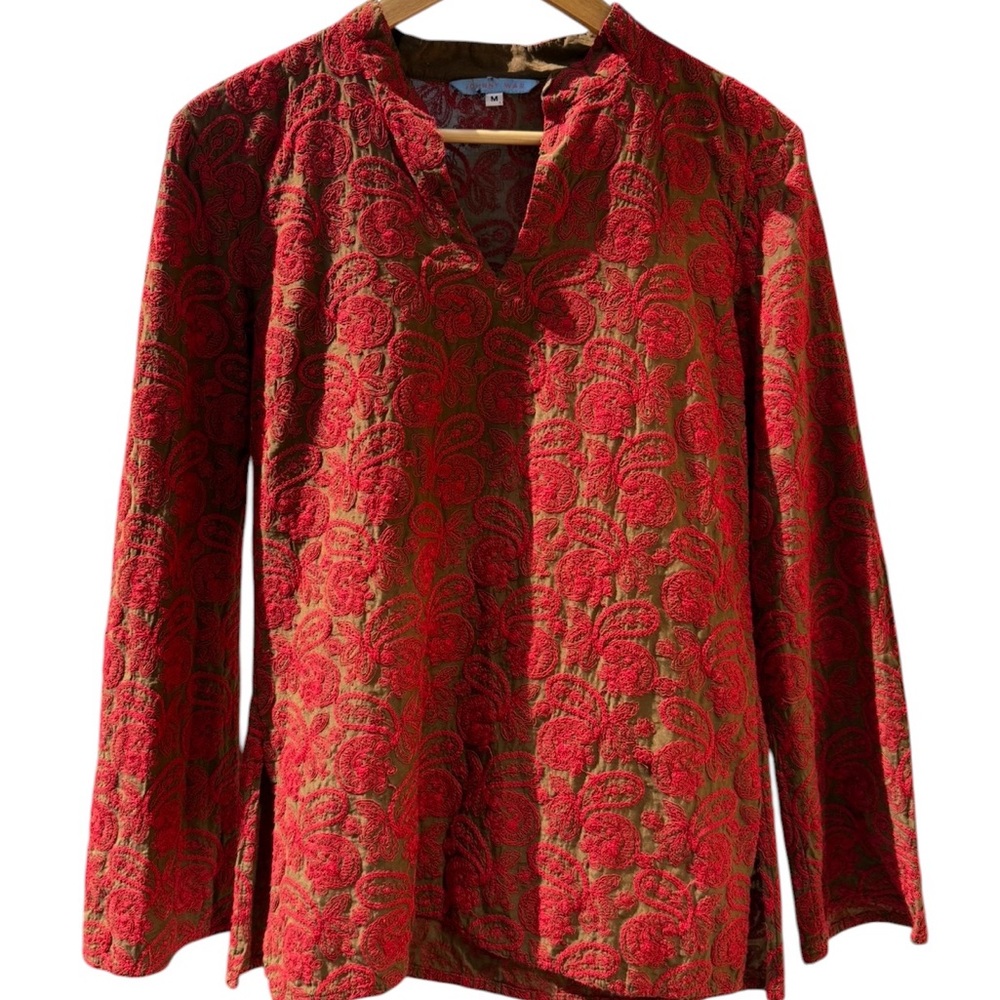 Johnny Was tunic M Red Paisley Embroidery, Cotton Silk blend Boho Festival Artsy